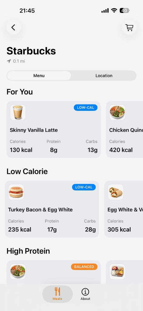 LeanBites showing personalized meal recommendations at Starbucks